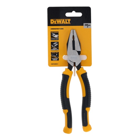 DEWALT combination pliers, 200mm, in retail packaging with black and yellow handles.