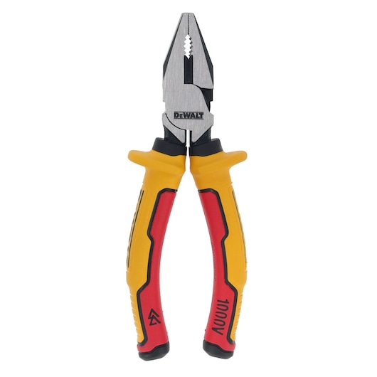 A pair of DEWALT insulated combination pliers with yellow and red handle grips, designed for electrical work.