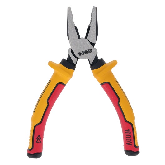 DEWALT insulated pliers with yellow and red handles, suitable for electrical work, 1000V rated.