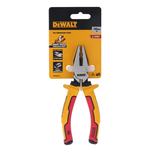 DEWALT 160mm insulated VDE combination pliers with yellow and red handles in retail packaging.