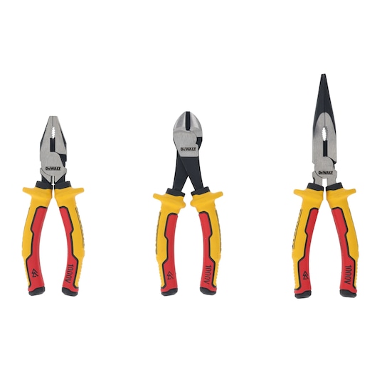 Three DEWALT hand tools are shown on a white background. From left to right: combination pliers, diagonal cutting pliers, and long nose pliers. Each tool has yellow and red handles with a black grip.