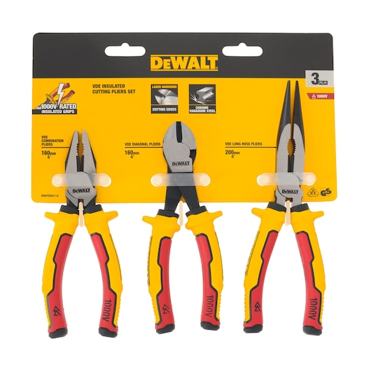 DEWALT VDE insulated cutting pliers set with three pliers on yellow packaging, rated for 1000V electrical use.