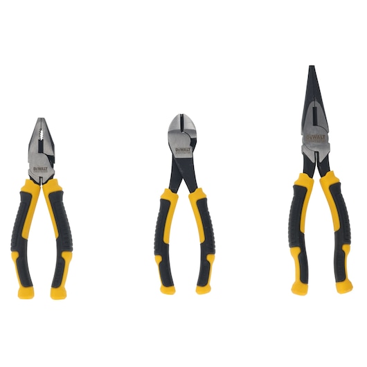 Three DEWALT pliers with black and yellow handles are displayed side by side on a white background. From left to right: combination pliers, diagonal cutting pliers, and long nose pliers.