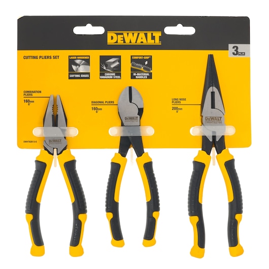 DEWALT set of three cutting pliers: combination, diagonal, and long nose. Black and yellow handles.
