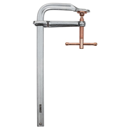 A DEWALT bar clamp with a silver metal frame and a copper screw mechanism, used for securing materials during woodworking or metalworking.