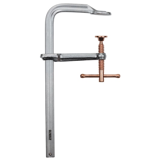 A DEWALT metal F-clamp with a silver frame and a copper-colored screw and handle, designed for holding materials securely in place during various tasks.