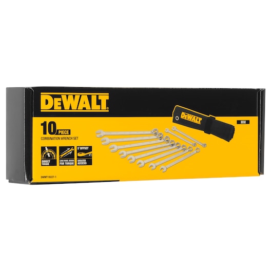DEWALT 10-piece combination wrench set in yellow and black box, includes wrenches and a storage pouch.