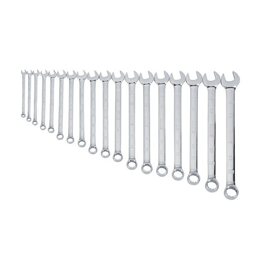 A set of nineteen polished combination wrenches arranged in a row, each with an open end and a box end, on a white background.
