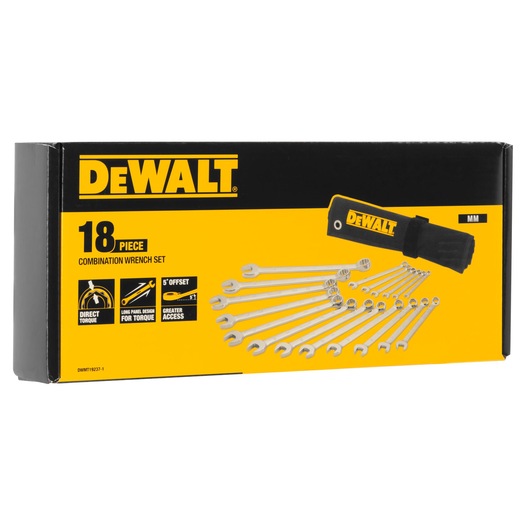 DEWALT 18-piece combination wrench set box, yellow and black, includes wrenches and roll-up pouch.