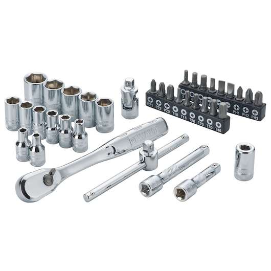 A DEWALT socket and bit set, including a ratchet, extension bars, multiple sockets of different sizes, various screwdriver bits arranged in a holder, and additional accessories, all made of polished metal and displayed on a white background.