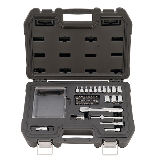 Black DEWALT tool case open with sockets, ratchet, bits, and extensions organized inside.