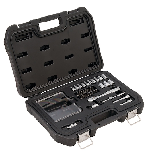 DEWALT tool set in a black hard case, including sockets, bits, and ratchet, organized in foam compartments.