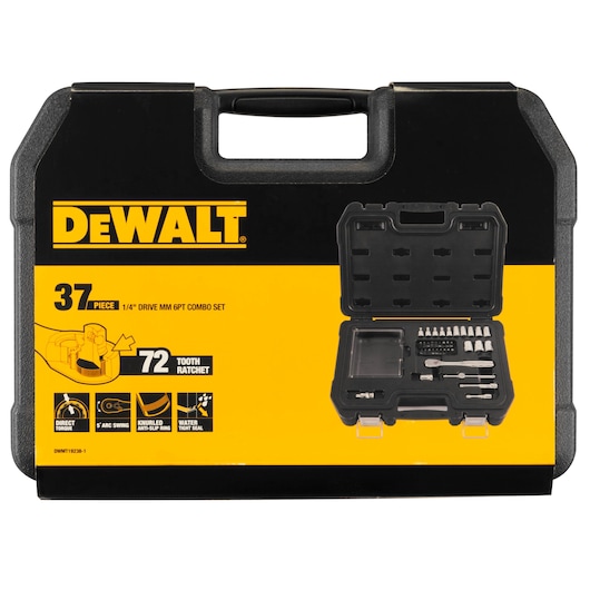 DEWALT 37-piece 1/4 inch drive combo set in a black and yellow hard carrying case with organized tools.