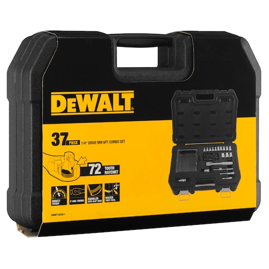 DEWALT 37-piece 1/4" drive combo set in a black and yellow hard case with internal tools displayed.