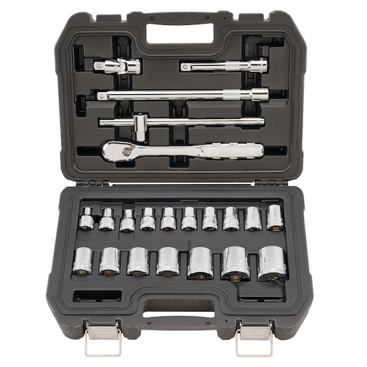 Chrome socket and ratchet set in a hard black plastic case with labeled slots for each tool.