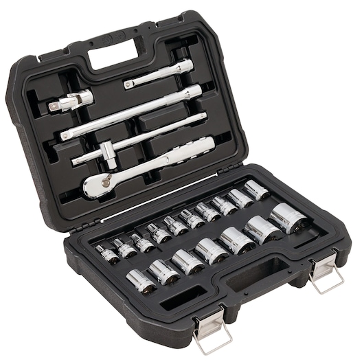 DEWALT socket wrench set in black case with assorted metallic sockets and tools organized inside.