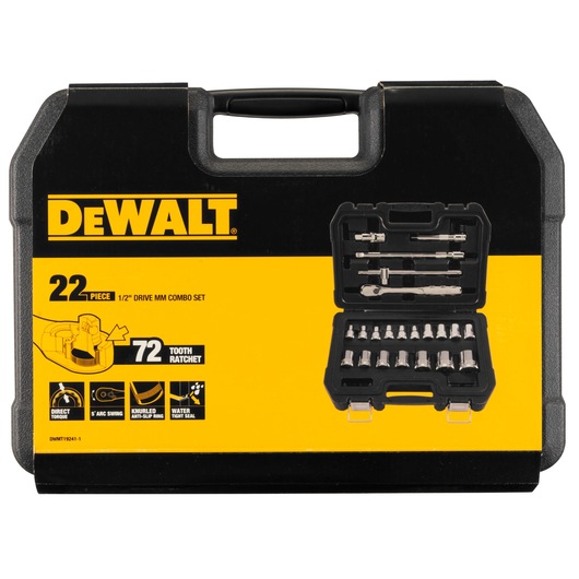 Front view of a DEWALT 22-piece 1/2 inch drive metric combo socket set in a black and yellow hard plastic carrying case. The case displays the DEWALT logo, set details, and an image showing sockets and tools organized inside the case.