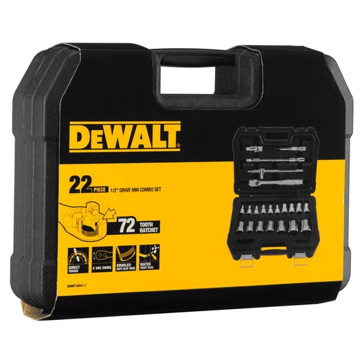 DEWALT 22-piece 1/2 inch drive metric combo set in a black and yellow hard plastic carrying case. The case features the DEWALT logo and product details, including 72 tooth ratchet and assorted sockets, with an image showing the organized contents inside.