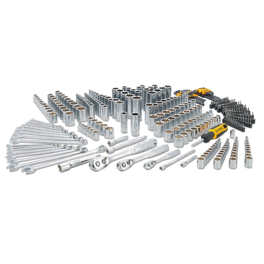 A DEWALT socket and wrench set featuring an extensive assortment of sockets, ratchets, wrenches, hex keys, screwdriver bits, and accessories, all organized and displayed on a white background.