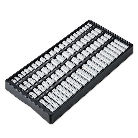 Tray with assorted socket tools in various sizes, neatly organized in rows for easy access and storage.