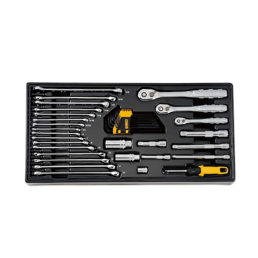 DEWALT tool set including wrenches, ratchets, sockets and hex keys arranged in a black tray.
