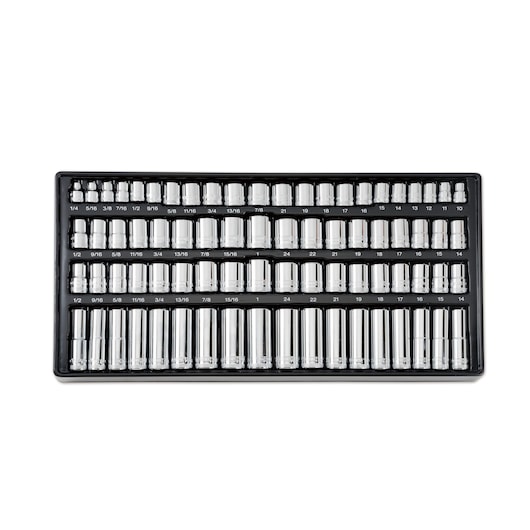 Metal socket set displayed in an organized black tray with various sizes arranged in rows.