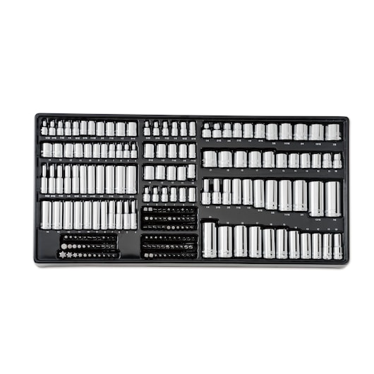Tray with assorted chrome sockets and bits organized for tools. DEWALT DWMT45341-1 product photography.