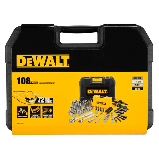 Front view of a DEWALT DWMT73801-1 mechanics tool set case, showing branding. The case displays a yellow and black design with the DEWALT logo and images of the tools included: sockets, ratchets, driver bits, and accessories. The label indicates a 108-piece set, 72-tooth ratchet, direct torque, and compatibility with both SAE and metric measurements.