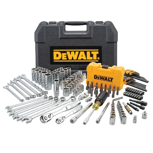 A DEWALT branded tool kit with a black carrying case and a yellow accessory holder, displaying a variety of tools including ratchets, sockets, screwdriver bits, wrenches, and extensions arranged in front of the case.