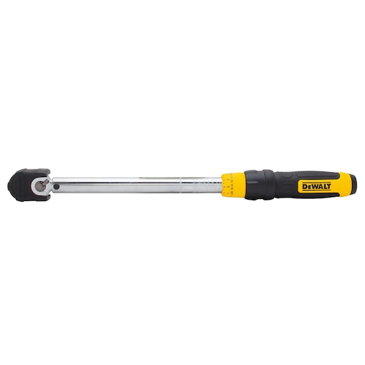 A DEWALT torque wrench with a yellow and black handle, shown horizontally on a white background. The handle has a DEWALT logo and a measurement scale near the adjustable knob.