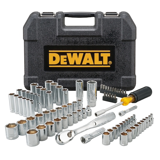 A DEWALT branded hard plastic tool case with a large assortment of chrome socket wrenches, ratchet handles, screwdriver, and various bits displayed in front.