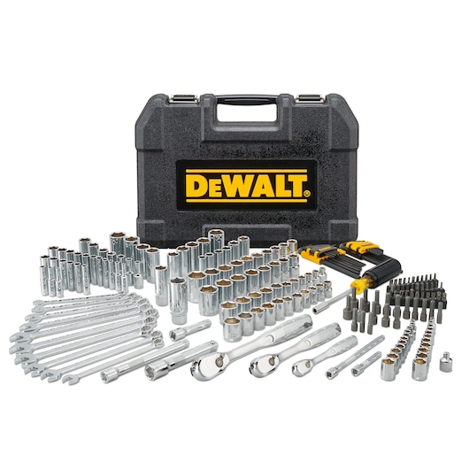 DEWALT tool set with sockets, wrenches, ratchets and bits arranged in front of a black case with logo.
