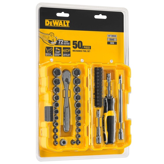 DEWALT 50-piece mechanics tool set, including a ratchet, sockets, screwdriver bits, and accessories, displayed in a yellow plastic tray and package.