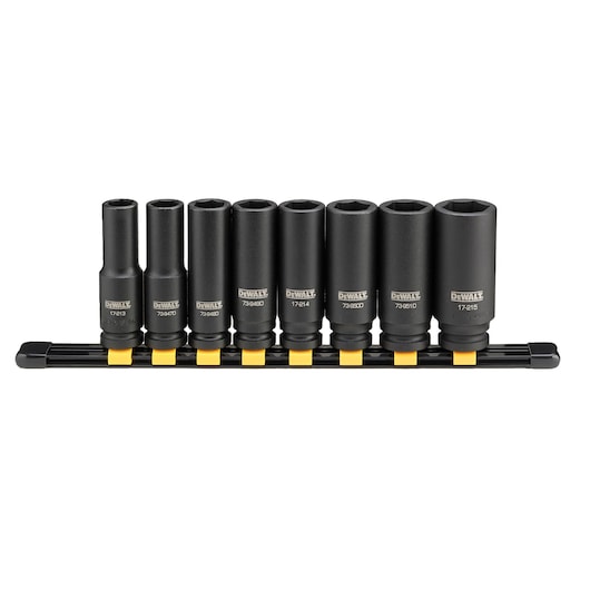 A set of eight DEWALT deep impact socket wrenches organized on a black and yellow storage rail. The sockets are standing upright and arranged in a row by size.