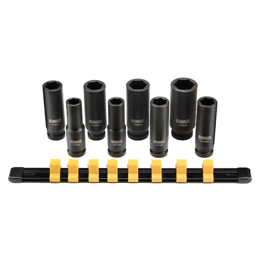 Set of eight DEWALT deep impact socket wrenches with a black and yellow socket rail holder displayed in front of the sockets.