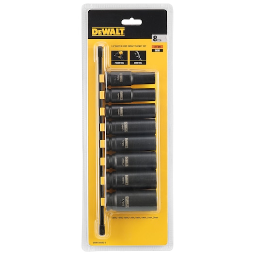 DEWALT 8-piece 1/2 inch driver deep impact socket set in retail packaging, includes eight black sockets of various sizes and a long extension bar, intended for power and hand tools.