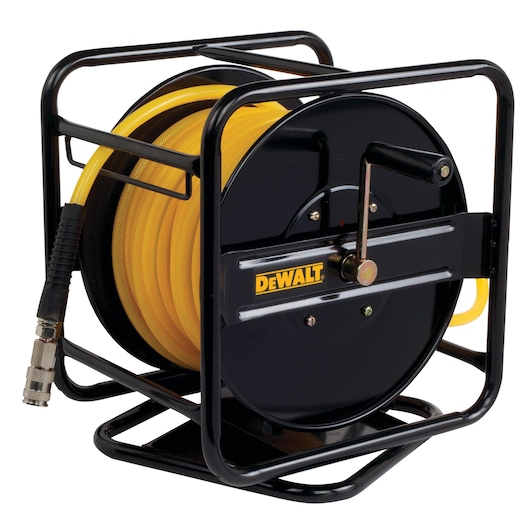 A DEWALT branded hose reel with a yellow hose, featuring a sturdy black metal frame and a hand crank on the side.