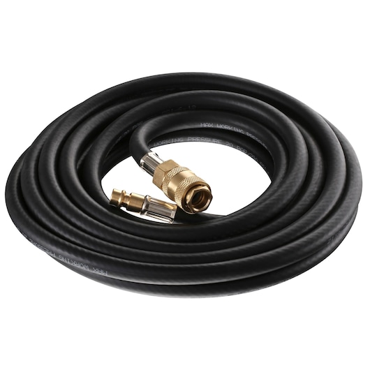 A coiled black pressure washer hose with brass and metal connectors on both ends, shown against a white background.