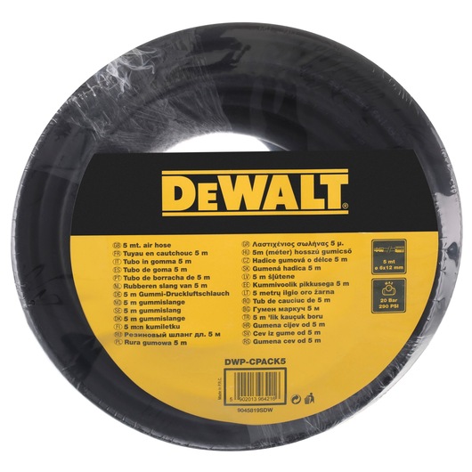 DEWALT packaging for a 5-meter air hose. The hose is made of rubber and is coiled. The packaging is round and features the DEWALT logo prominently in yellow and black. Product details and specifications are listed in multiple languages, including the length, material, and maximum pressure (20 Bar/290 PSI). SKU: DWP-CPACK5.