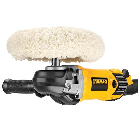DEWALT DWP849X electric polisher with large wool buffing pad and ergonomic side handle, shown against a white background.