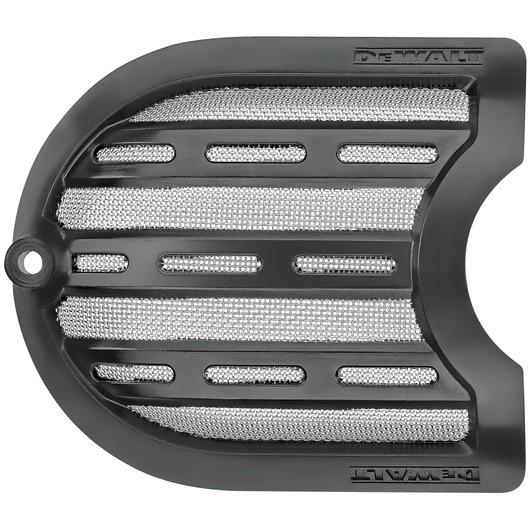 A close-up image of a curved black plastic and metal mesh component with slotted vent openings, branded with DEWALT, likely used as a protective cover or filter for a power tool.
