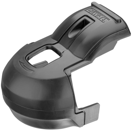 A close-up view of a black plastic attachment part labeled DEWALT, designed for use with power tools.