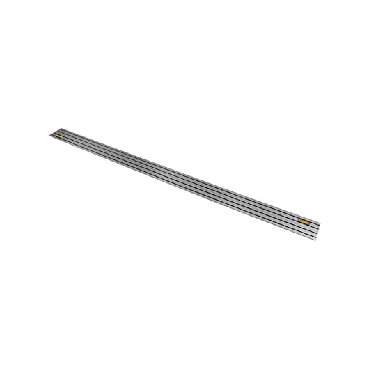 Long silver DEWALT guide rail for saws, with black lines and logo, isolated on a white background.