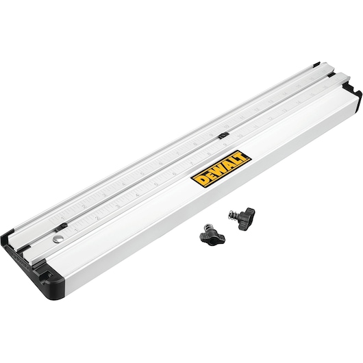 A DEWALT DWS5100 aluminum guide rail with measurement markings and two black adjustment knobs and screws, shown separately, used for woodworking and saw guidance.