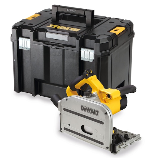 DEWALT plunge saw with a yellow and black handle, positioned in front of a sturdy black carrying case with yellow accents and a DEWALT logo on top.