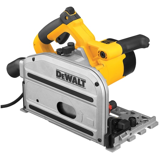 DEWALT DWS520K plunge saw with yellow and black handle, used for precise wood cutting.