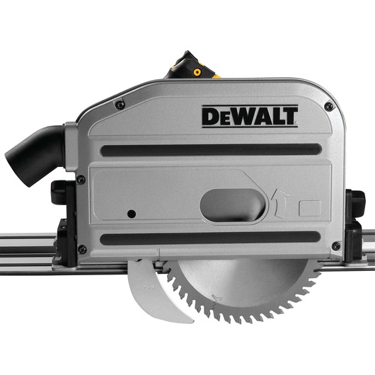 A close-up view of a DEWALT DWS520K track saw, showing the metallic body, circular blade, and the DEWALT logo. The tool is designed for precise cutting in woodworking and construction.