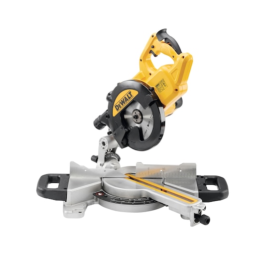 A DEWALT miter saw, model DWS773, featuring a yellow body and black blade guard, positioned on a white background. The saw includes a measuring gauge, stable base, and ergonomic handle.