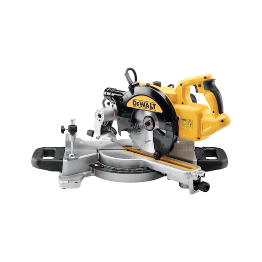 A DEWALT branded electric miter saw, featuring a yellow and black design, shown on a white background. The saw includes a circular blade and is equipped with ergonomic handles and adjustment features for precise cutting.