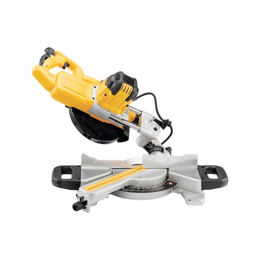 A DEWALT miter saw, model DWS773, featuring a yellow and black motor housing with a silver cutting base and angle measurement scale. The saw is designed for precise woodworking cuts and has handles on both sides of the base.